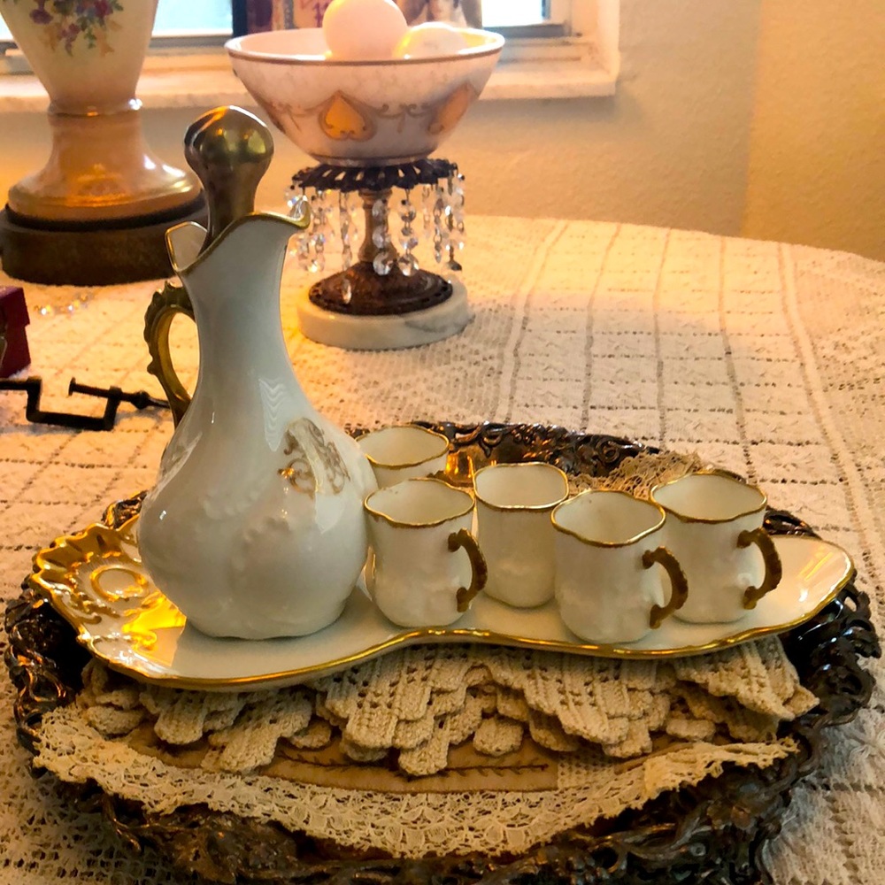 EUC- Antique HP Limoges France Monogrammed Decanter Tray Set
